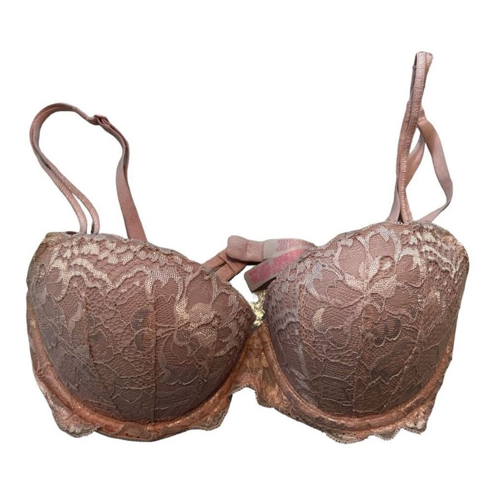 PINK Victoria's Secret Bra Womens Size 32C Floral Lace Push-Up‎ Bra Light Pink